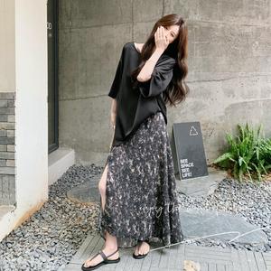 数据好！ 现货！黑色丝滑上衣+碎花半身裙两件套131-7301P145K218图片