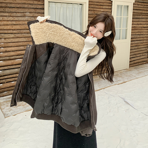 现货！数据好！羊羔毛PU拼接90羽绒服外套90绒-131-7115P275K398,紫色卫衣外套搭配粉色裤子好看图片