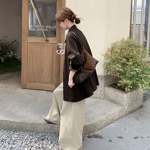 咖色高级感PU皮衣外套女2025秋季新款美拉德穿搭气质宽松翻领夹克图片