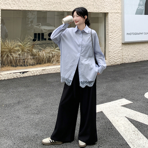 浅蓝色蕾丝花边衬衫套装女2025年春秋季新款显瘦休闲阔腿裤两件套图片