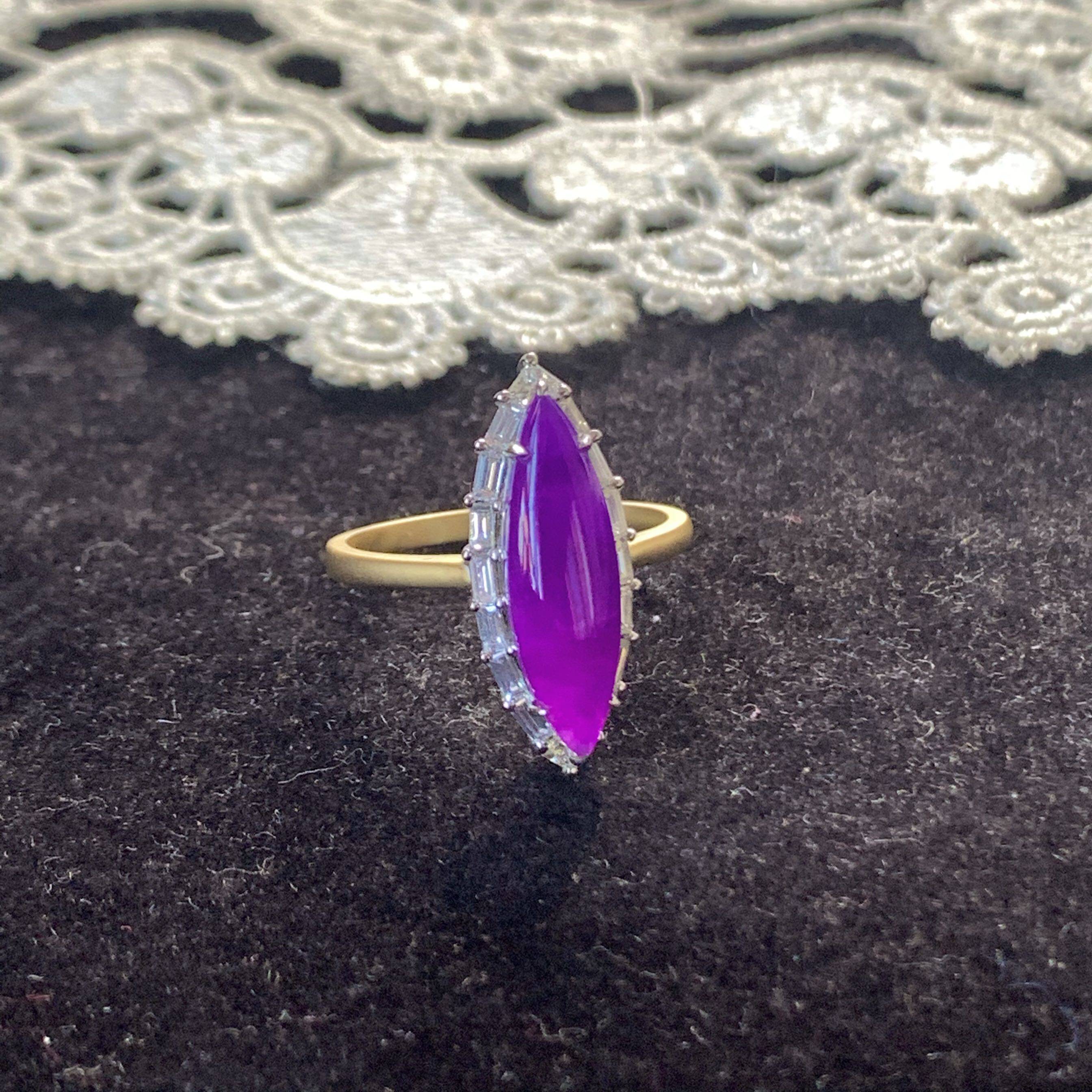 醒走 收藏级天然舒俱来荧光玻璃紫果冻凝胶皇家紫马眼18K金钻戒指