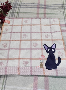 日系动漫黑猫刺绣手帕少女心格子小毛巾 便携擦手巾不掉毛34x34cm