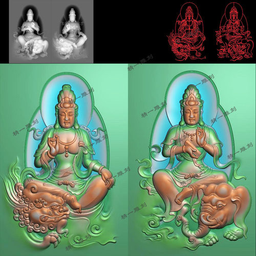精一jdp格式精雕图A-1179坐骑狮子大象观音一对bmp灰度图浮雕图