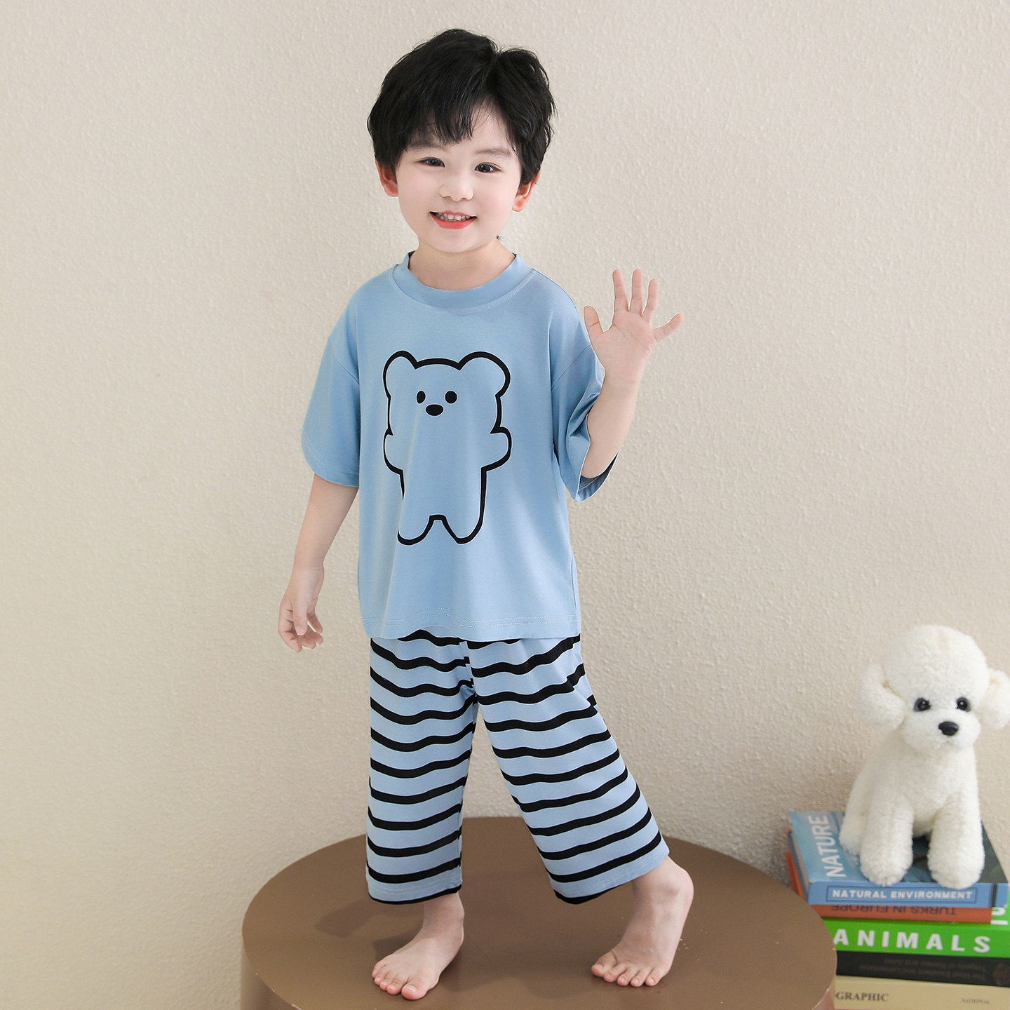 儿童莫代尔睡衣夏季七分袖男童宝宝可爱空调家七分裤宽松居服套装