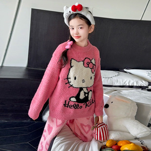 女童半边绒睡衣套装冬季2025款中大童休闲保暖可外穿软绵绵家居服