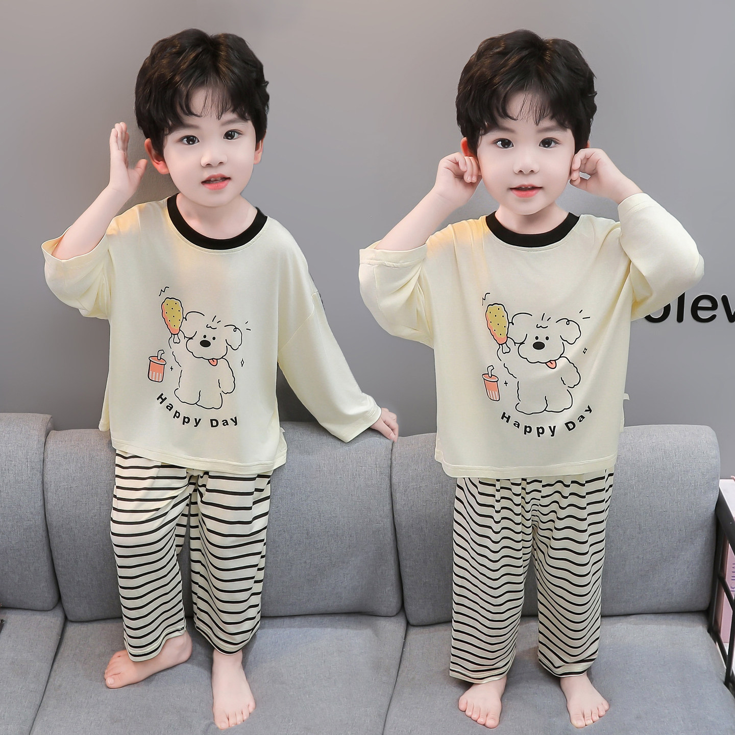 儿童莫代尔睡衣套装男童长袖卡通小狗家居服春秋薄款空调服