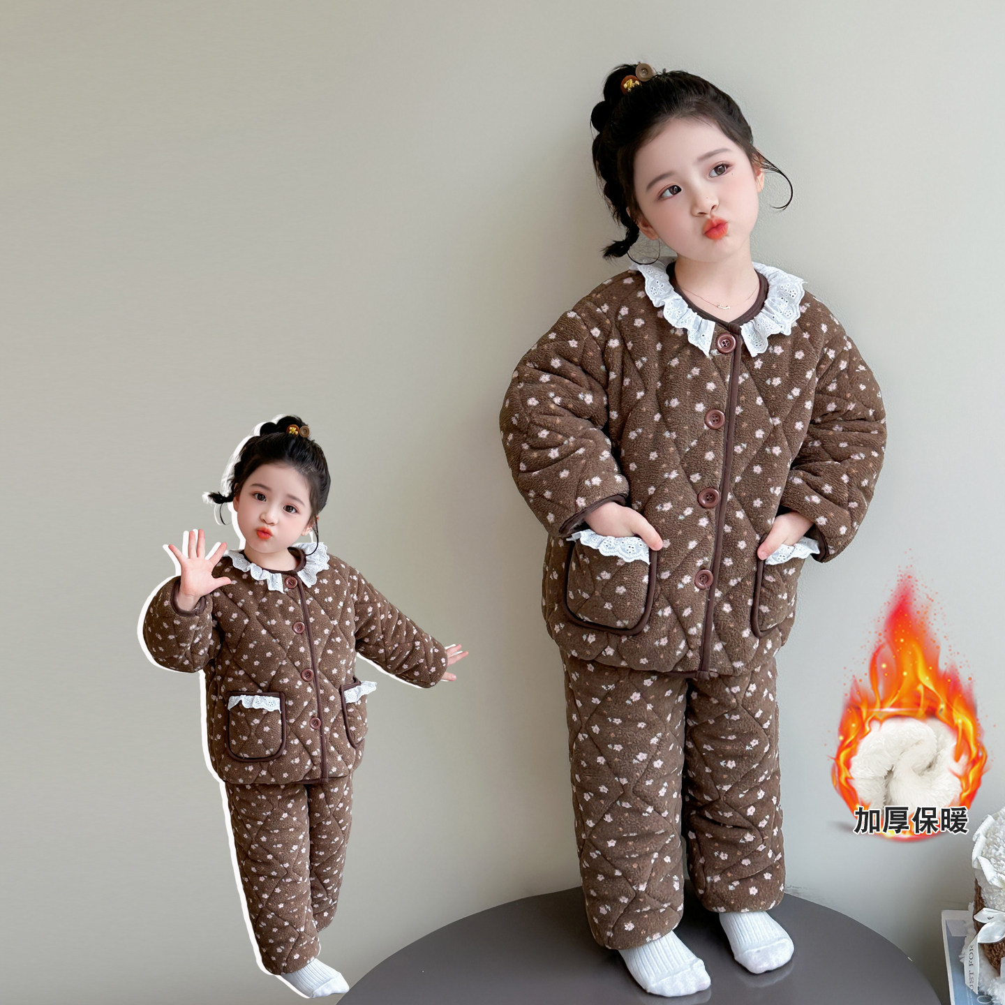 女童加绒加厚碎花家居服套装冬季宝宝保暖大花边领开衫棉服两件套
