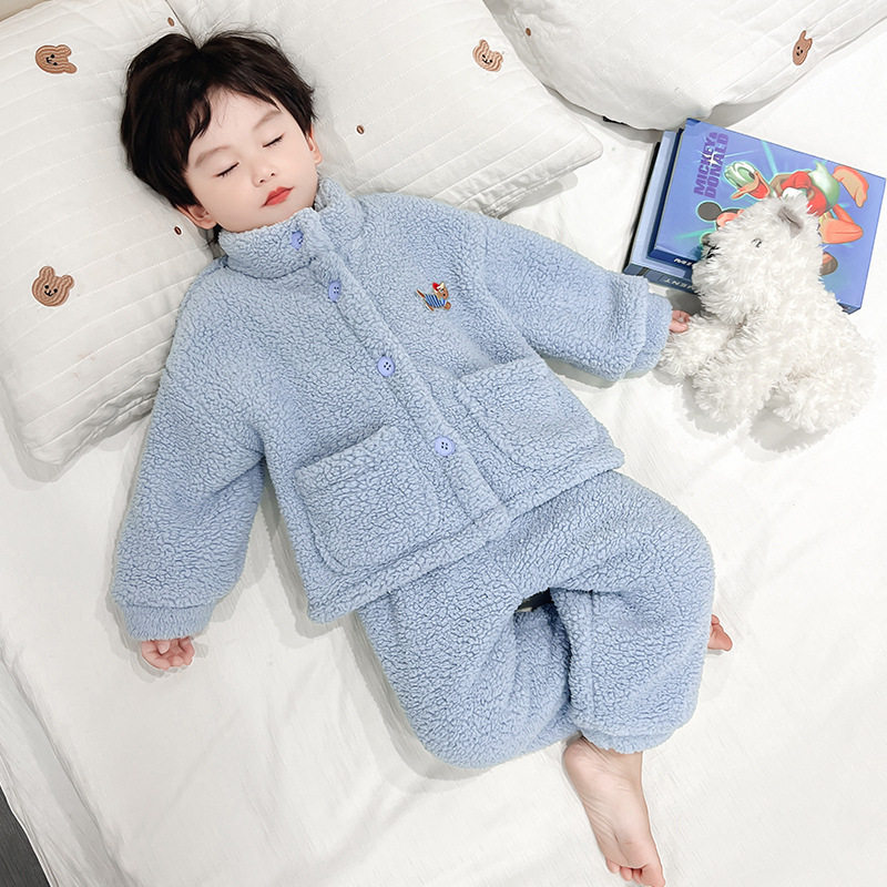 男童珊瑚绒睡衣秋冬款加厚男宝宝法兰绒可爱套装可外穿儿童家居服