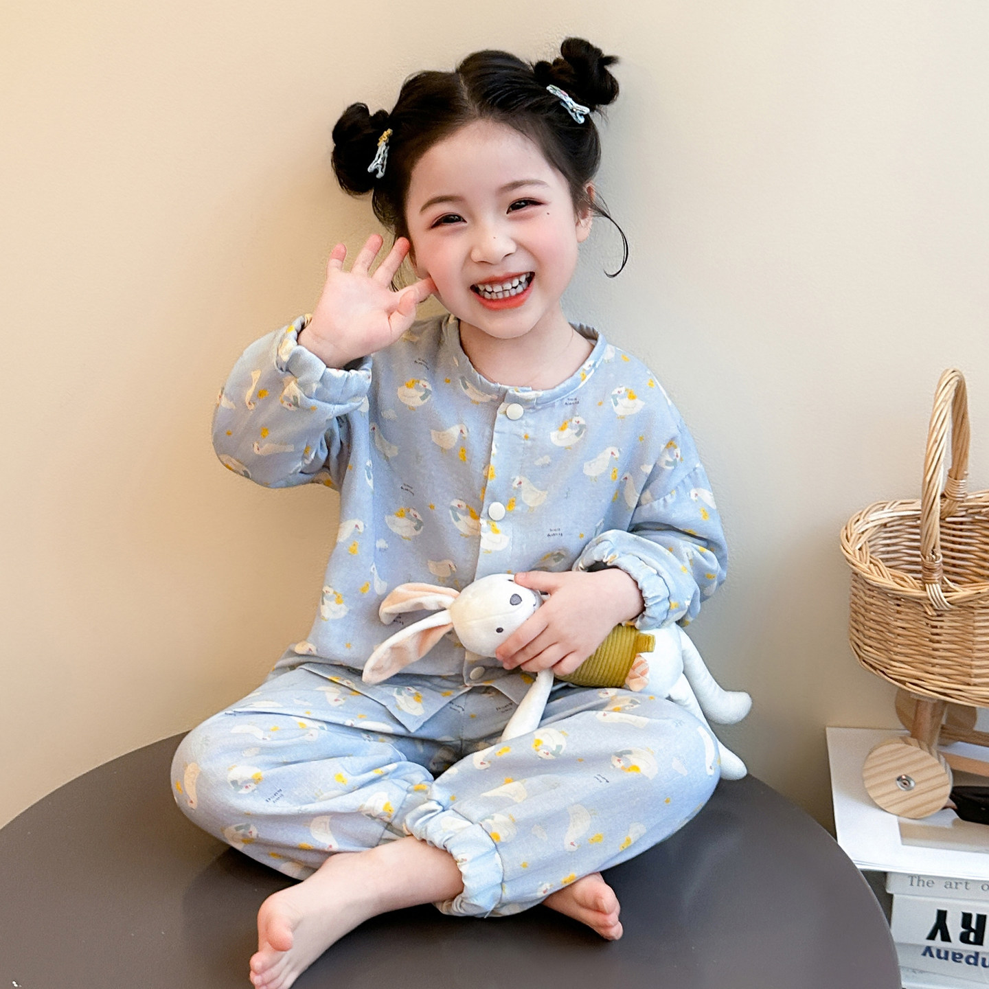 A类纯棉女童春秋公主风睡衣套装