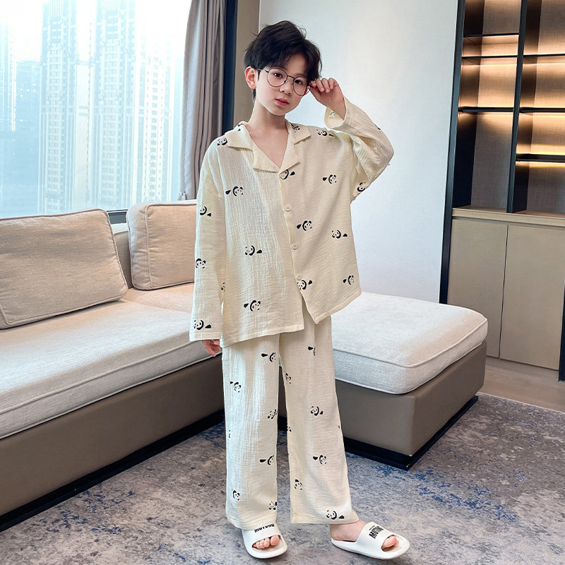 纯棉卡通熊猫印花睡衣男童春秋长袖开衫家居服套装可外穿