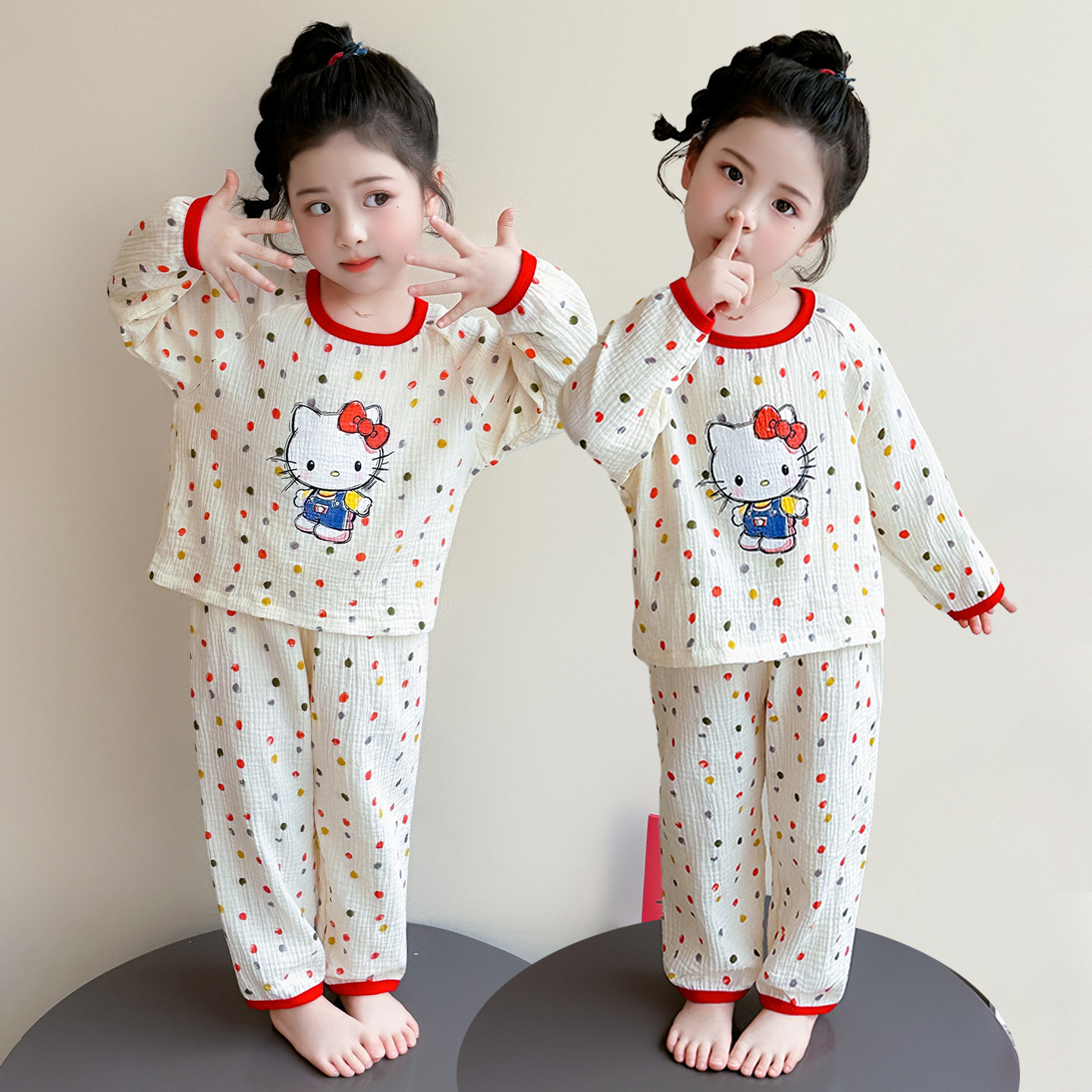 2026年春季新款女童纯棉纱布睡衣家居服套装长袖宽松卡通可爱春秋