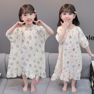 新款2025女童睡裙纯棉纱布女宝宝半袖儿童睡衣女孩夏季公主家居裙