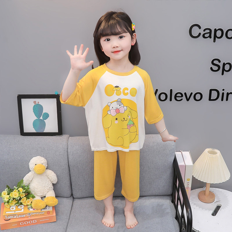 女童卡通家居服套装夏季薄款七分袖圆领宽松儿童睡衣空调服