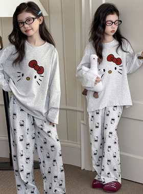 纯棉睡衣女春秋长袖圆领HelloKitty卡通印花家居服套装可爱可外穿