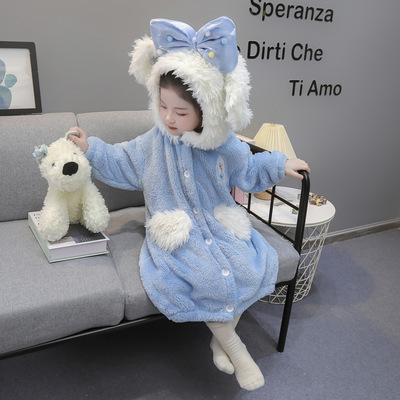 秋冬款女童睡袍加厚珊瑚绒儿童连