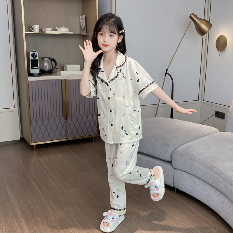 新款2025新品童套装女童全棉夏季薄款家居服儿蕾丝翘耳狗印花睡衣