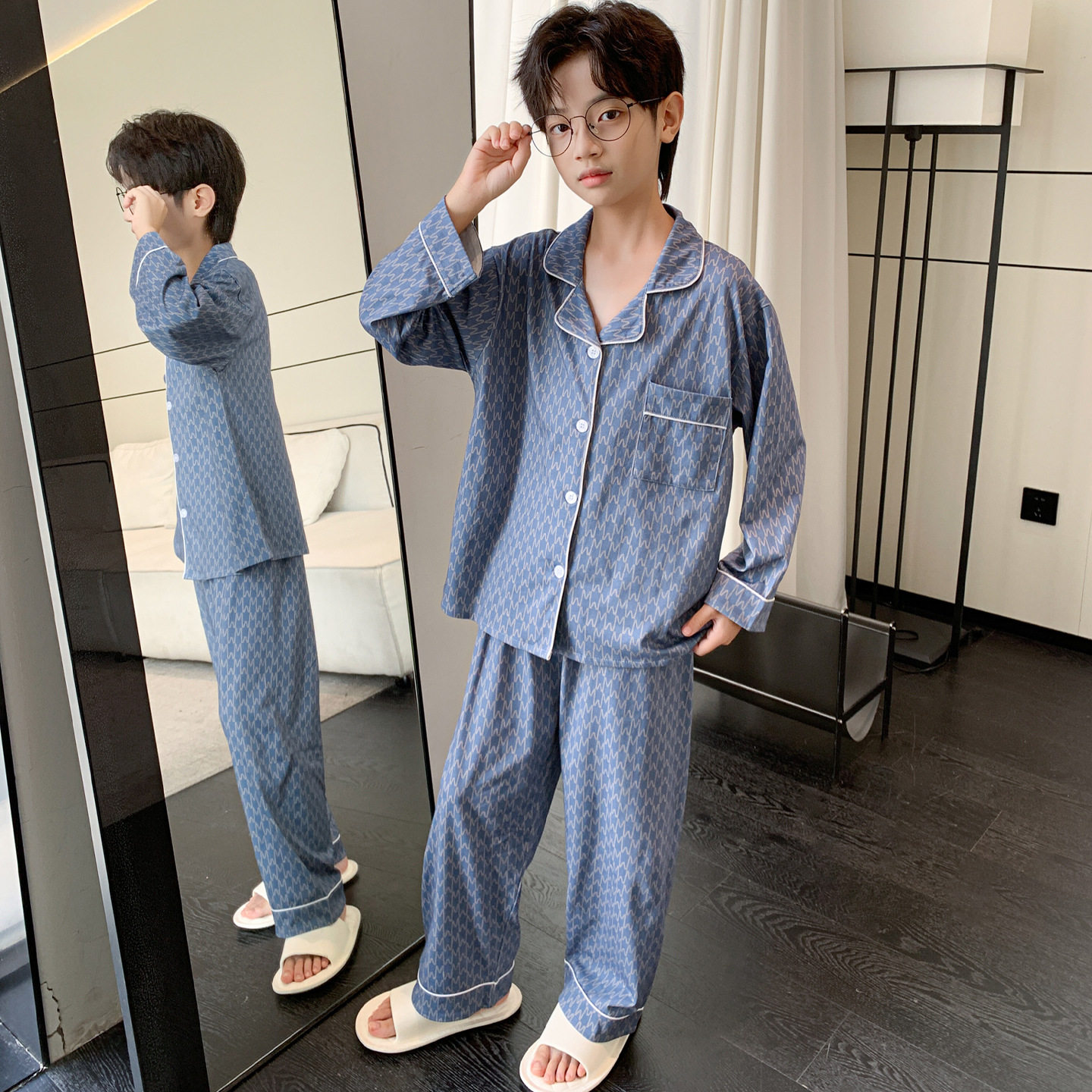 新款儿童睡衣男孩春秋2025男童可外穿纯棉家居服男宝长袖长裤套装