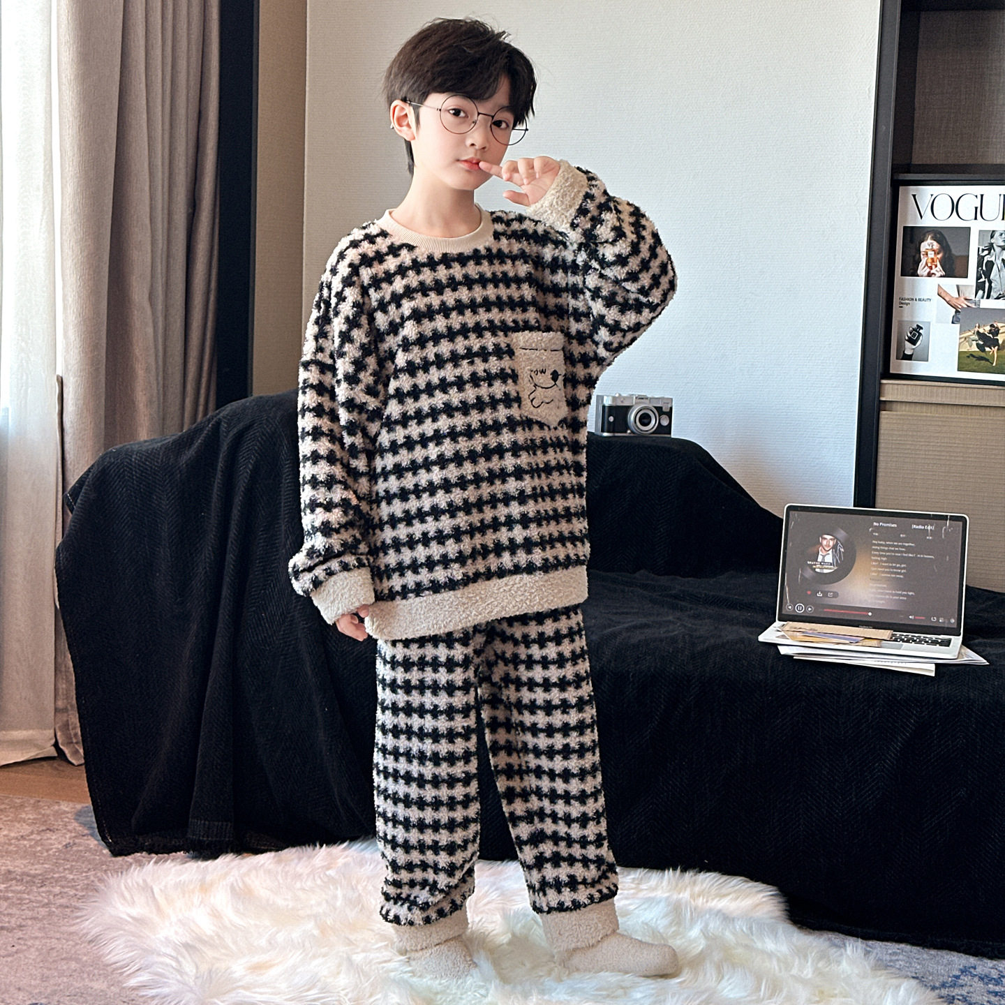 新款男童睡衣冬季珊瑚绒加厚儿童半边绒男孩秋冬大童青少年家居服