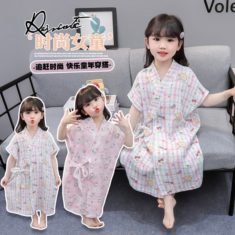 儿童夏季浴袍女孩夏款睡裙速干女童夏款空调服系带短袖