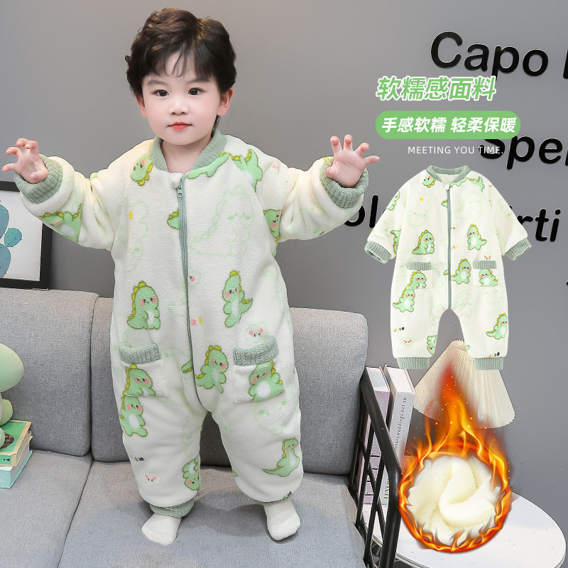 儿童连体睡衣三层夹棉冬季加厚宝宝珊瑚绒男童加绒家居服婴儿睡袋