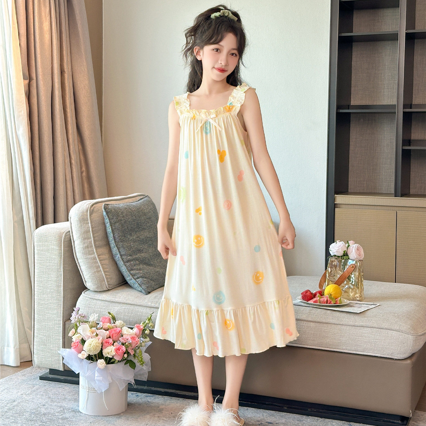 女童莫代尔睡裙夏季宽边吊带A类