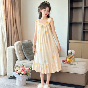 女童莫代尔睡裙夏季宽边吊带A类儿童小女孩中大童凉感家居服睡衣