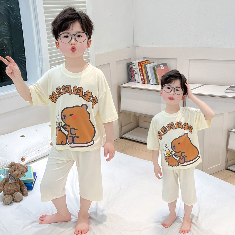 男童卡通小熊睡衣夏季薄款莫代尔透气宽松儿童家居服套装