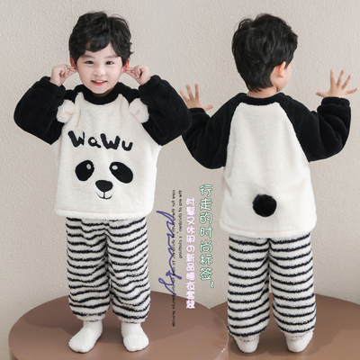 儿童睡衣女童秋冬款男孩法兰绒双层加厚熊猫男女中小童套装2025款