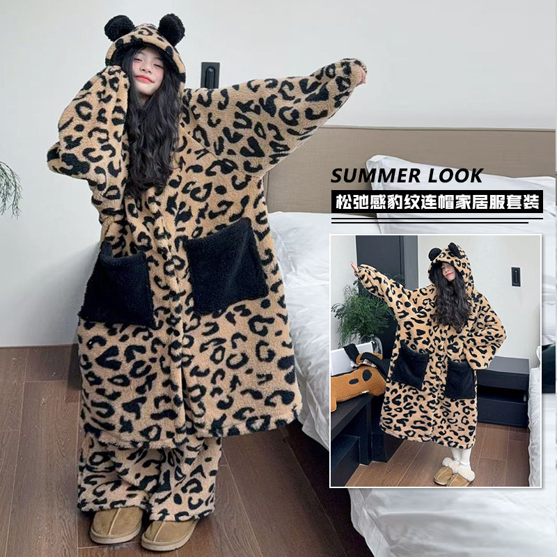 豹纹珊瑚绒小熊睡袍女童秋冬季2025新款加绒加厚家居服睡衣套装