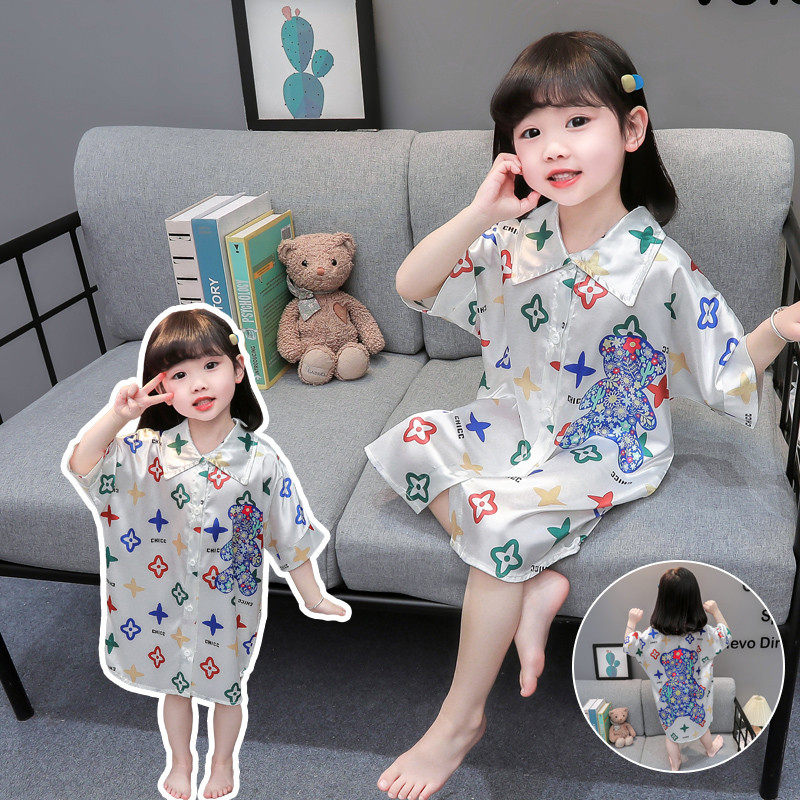 女童卡通印花睡裙夏季薄款翻领短袖家居服空调睡袍空调服休闲风