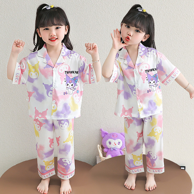 女童卡通冰丝睡衣套装夏季短袖薄款宽松中大童家居服