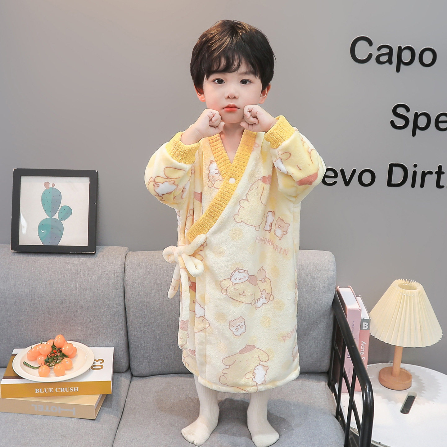 儿童睡袍男孩秋冬法兰绒小童长款系带保暖浴衣珊瑚绒冬季男童浴袍