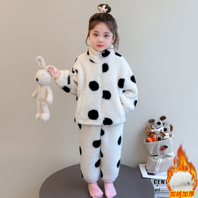 2025新款加绒加厚奶牛点女童睡衣