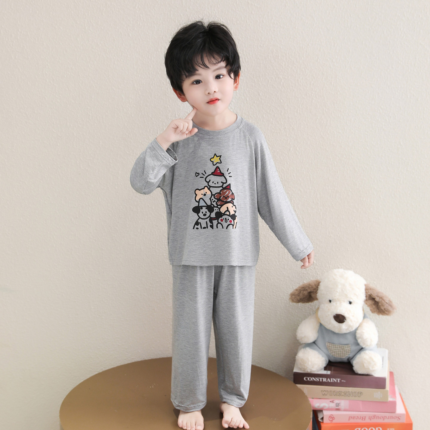 睡衣儿童春秋长袖薄款男童莫代尔空调服夏季小男孩宝宝家居服套装