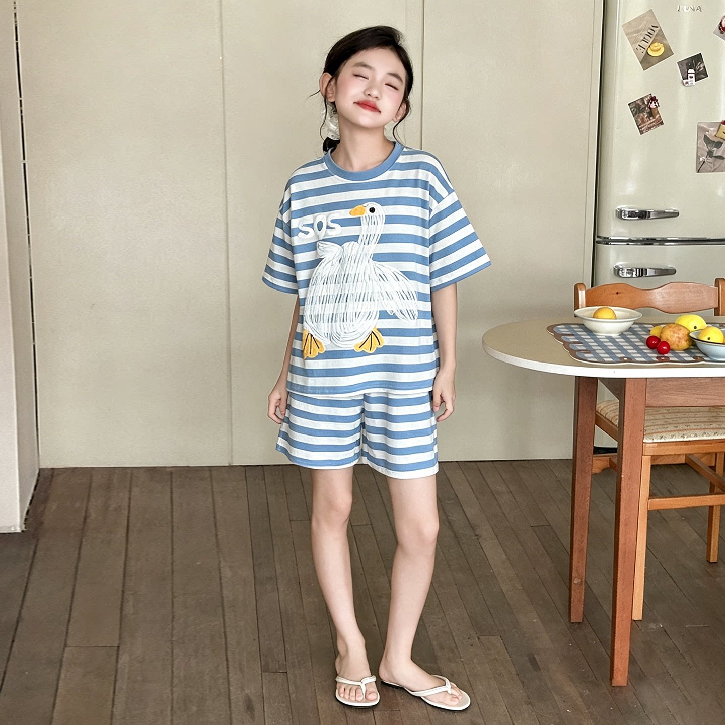 女童夏薄条纹卡通家居服套装