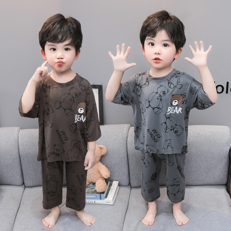 男童卡通小熊家居服套装夏季薄款莫代尔七分袖儿童空调服