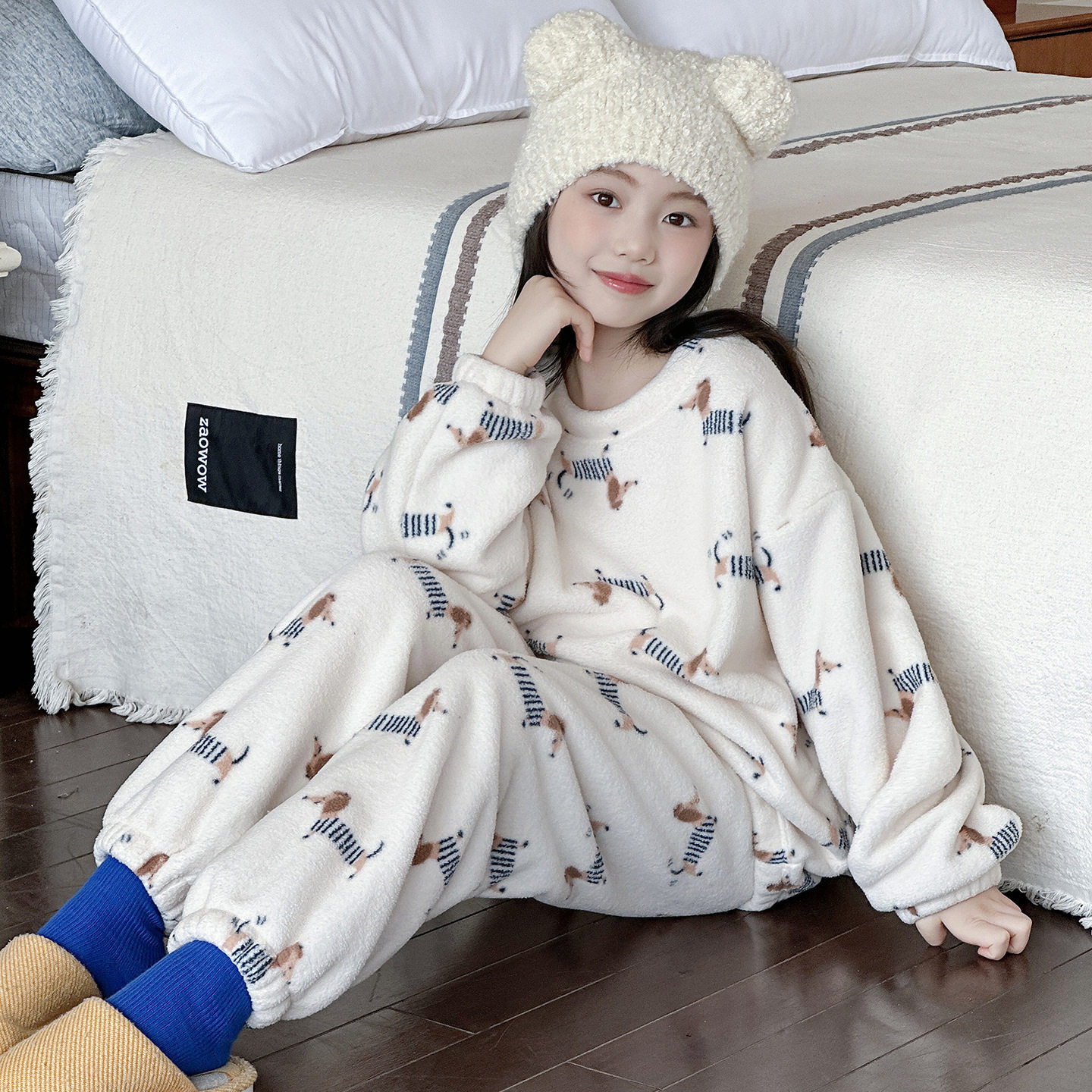 新款女童睡衣2025大童初中生女孩秋冬加厚珊瑚绒半边绒家居服套装