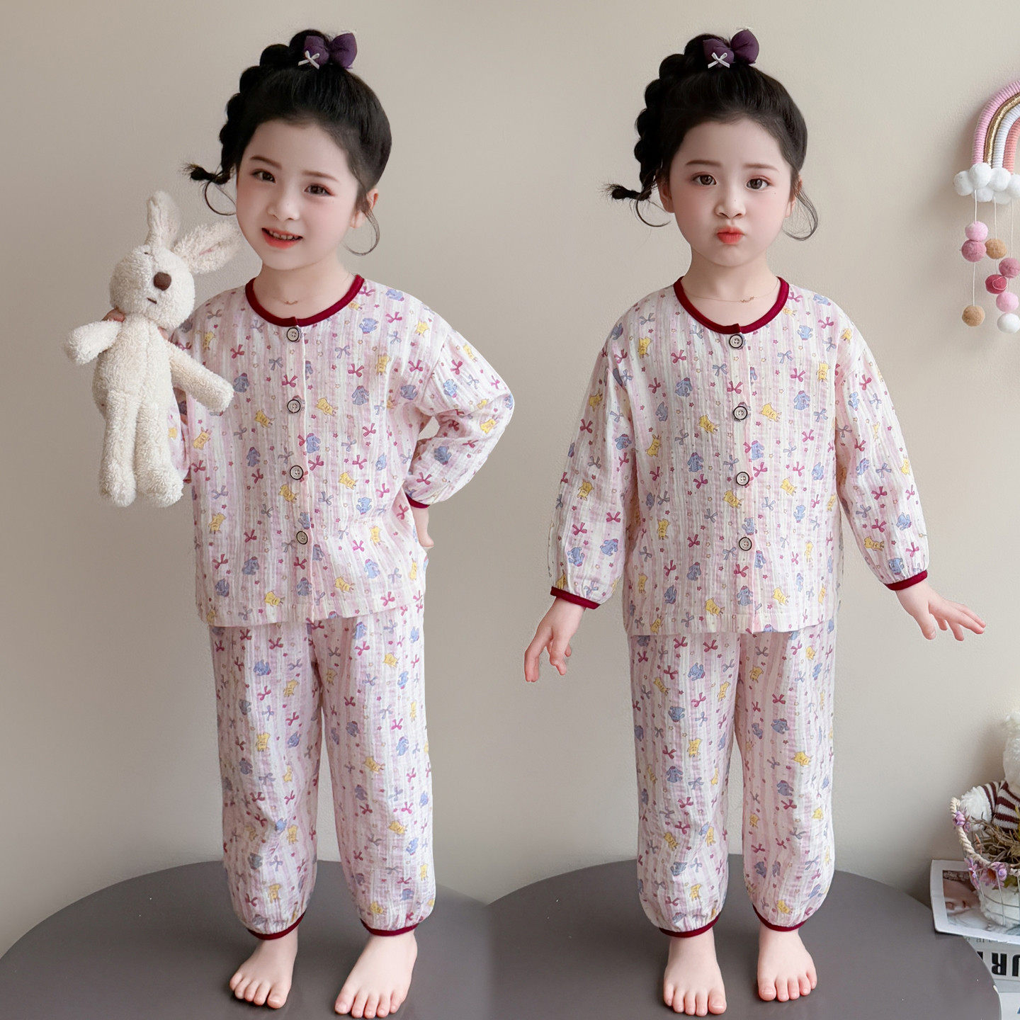 女童纯棉双层纱布家居服套装春夏薄款卡通开衫睡衣空调服