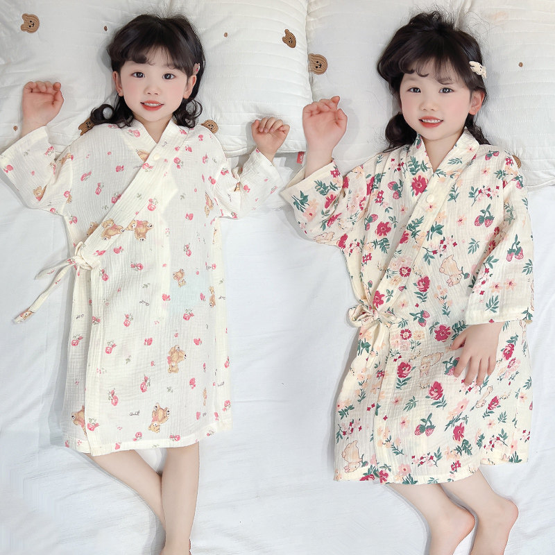 女童睡袍夏季薄款纯棉碎花浴袍系带家居服可爱卡通儿童睡衣