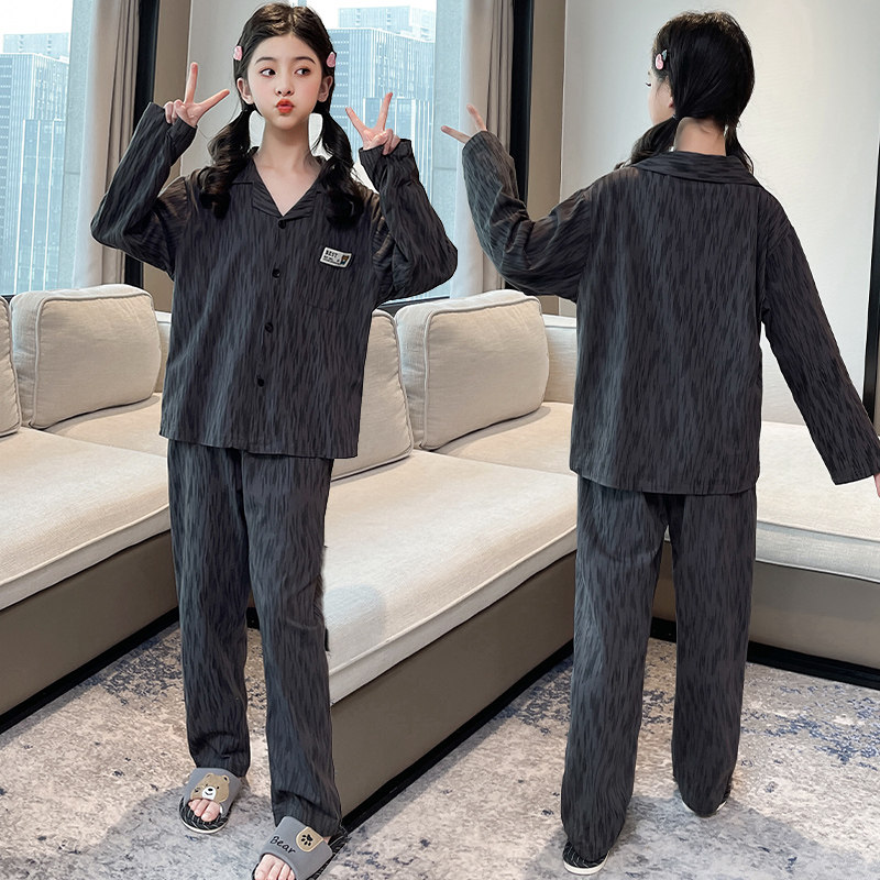 纯棉翻领开衫睡衣女春秋长袖长裤宽松小个子家居服套装