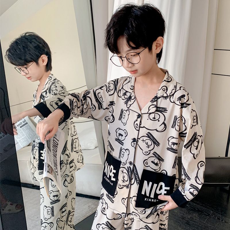 男童睡衣春秋季卡通长袖大童韩版翻领开衫休闲纯棉儿童家居服套装