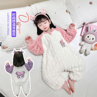 儿童法兰绒连体衣秋冬季女宝宝珊瑚绒睡衣加绒加厚女童睡袋防踢被