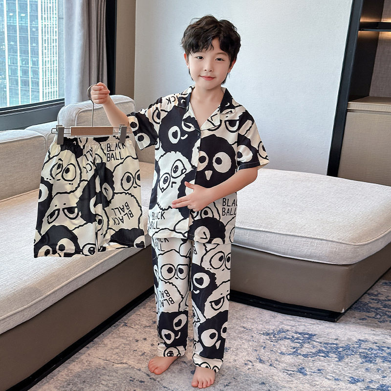 夏季卡通印花可爱男童家居服套装开衫短袖三件套睡衣可外穿时尚