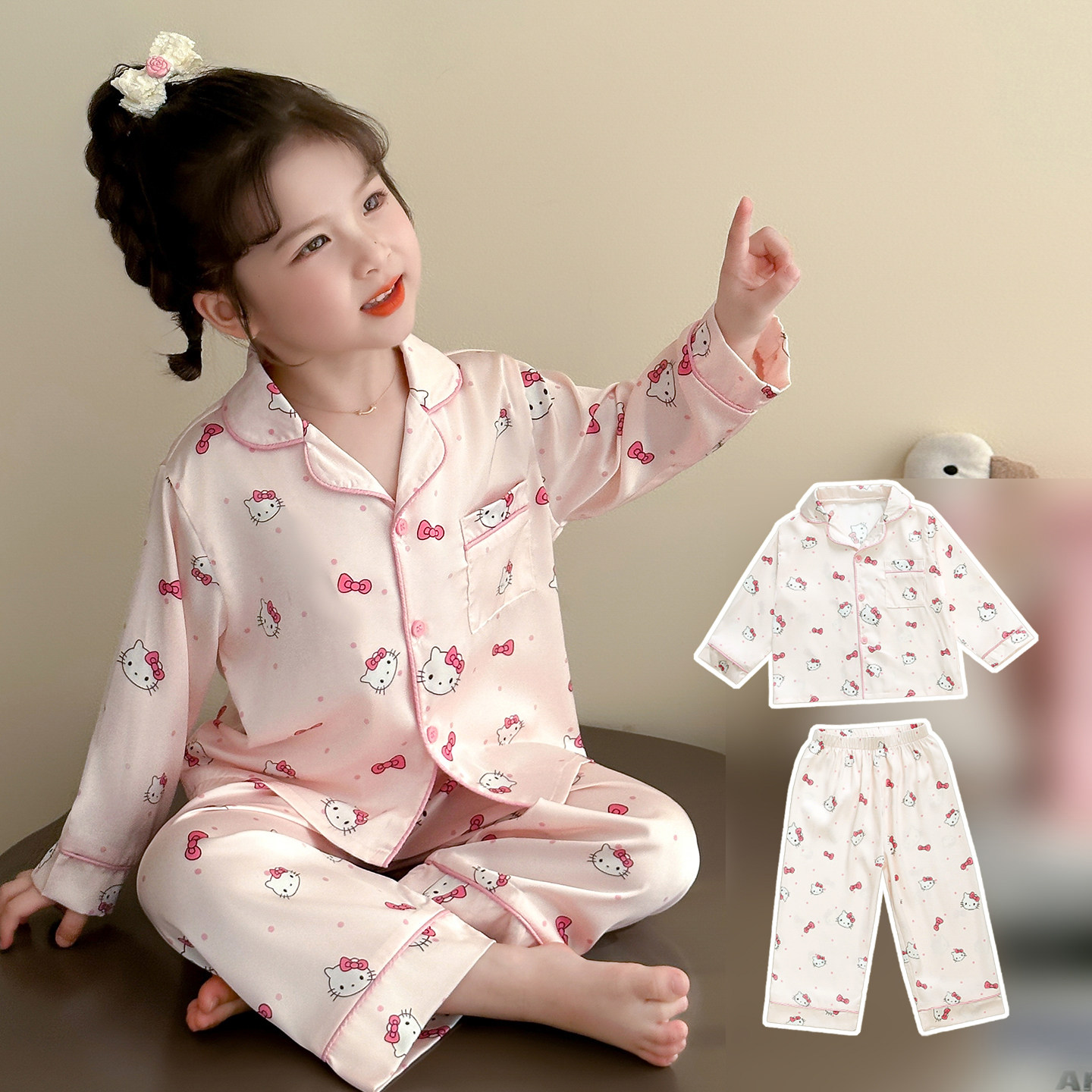 女童卡通猫咪睡衣夏季冰丝长袖长裤分体式家居服套装可爱风