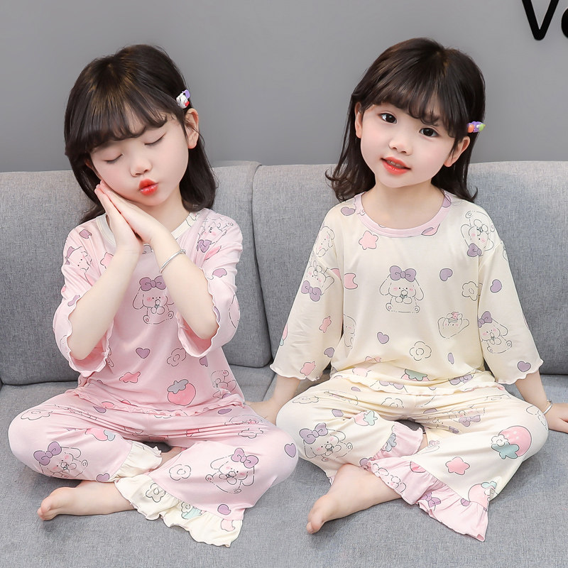 女童卡通睡衣夏季薄款七分袖家居服套装女宝宝空调服