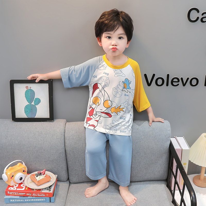 儿童莫代尔卡通家居服套装男童夏季薄款七分袖宽松空调服