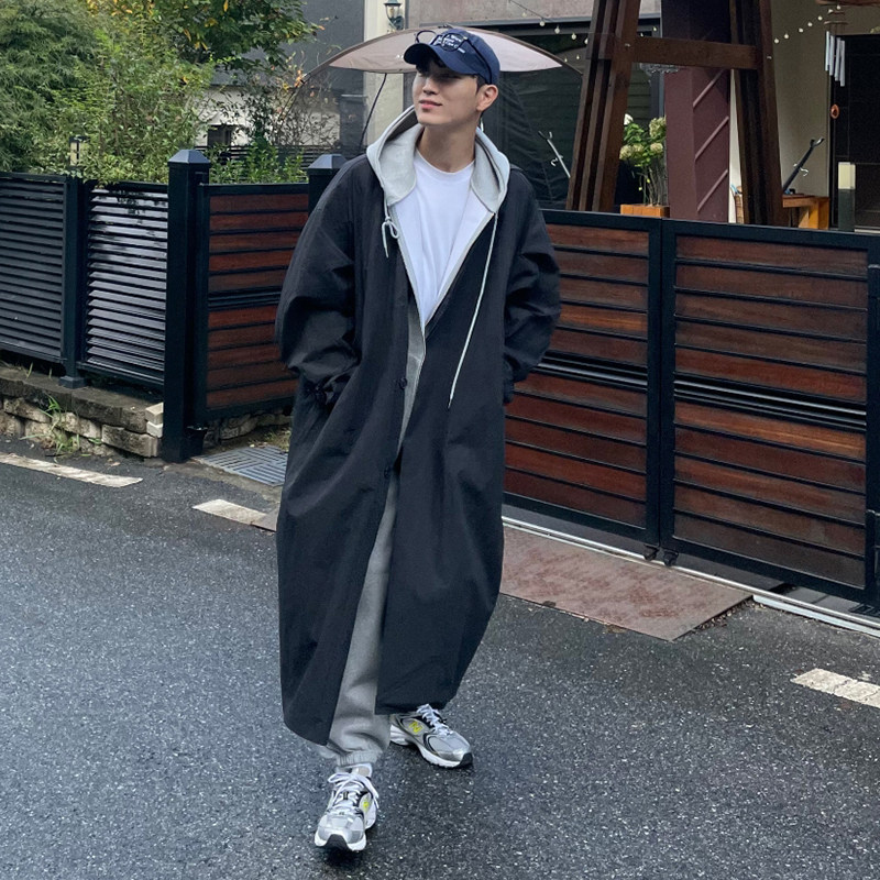 SPRING AND AUTUMN HIGH-END TRENCH COAT JACKET MENS LONG KNEE-LENGTH YOUTH POPULAR KOREAN VERSION DROPPED SHOULDER OVERSIZE LOOSE COAT
