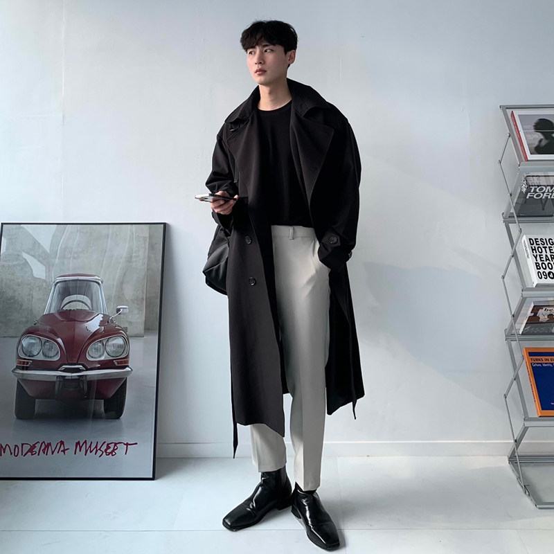 2022 SPRING AND AUTUMN TRENCH COAT MENS LONG OVER-THE-KNEE KOREAN VERSION LOOSE CASUAL TREND PREMIUM LAPEL LOOSE HANDSOME JACKET