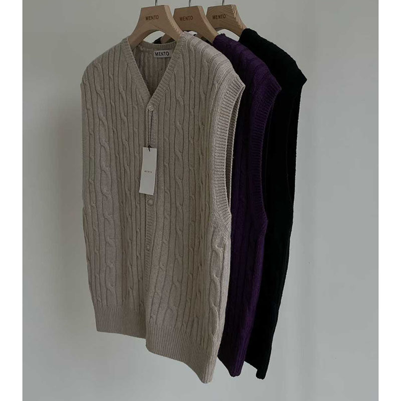 Z家韩国男装东大门代购MENTO麻花编织V领宽松背心中性款针织毛衣