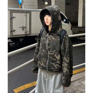 韩国东大门代购时尚街头潮流个性男女款迷彩华夫格连帽拉链衫外套